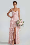Ruffled Spaghetti Straps Floral Sheath Apricot Wedding Guest Dress with Slit