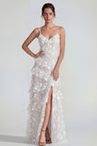 Ruffled Spaghetti Straps Floral Sheath Apricot Wedding Guest Dress with Slit