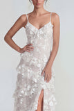 Ruffled Spaghetti Straps Floral Sheath Apricot Wedding Guest Dress with Slit