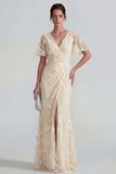 Apricot Ruched V-Neck Floral Sheath Short Sleeve Wedding Guest Dress with Slit