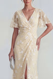 Apricot Ruched V-Neck Floral Sheath Short Sleeve Wedding Guest Dress with Slit