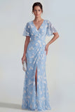 Apricot Ruched V-Neck Floral Sheath Short Sleeve Wedding Guest Dress with Slit