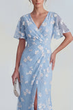 Apricot Ruched V-Neck Floral Sheath Short Sleeve Wedding Guest Dress with Slit