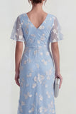 Apricot Ruched V-Neck Floral Sheath Short Sleeve Wedding Guest Dress with Slit