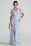 Apricot Ruched V-Neck Floral Sheath Short Sleeve Wedding Guest Dress with Slit