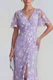 Apricot Ruched V-Neck Floral Sheath Short Sleeve Wedding Guest Dress with Slit