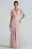 Apricot Ruched V-Neck Floral Sheath Short Sleeve Wedding Guest Dress with Slit