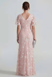 Apricot Ruched V-Neck Floral Sheath Short Sleeve Wedding Guest Dress with Slit