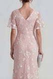 Apricot Ruched V-Neck Floral Sheath Short Sleeve Wedding Guest Dress with Slit