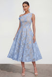 Blue One Shoulder A Line Floral Midi Wedding Guest Dress