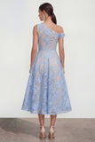 Blue One Shoulder A Line Floral Midi Wedding Guest Dress
