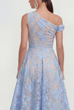 Blue One Shoulder A Line Floral Midi Wedding Guest Dress