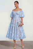 Floral Blue Off The Shoulder Ruched A Line Wedding Guest Dress with Sleeves