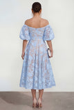 Floral Blue Off The Shoulder Ruched A Line Wedding Guest Dress with Sleeves