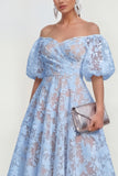 Floral Blue Off The Shoulder Ruched A Line Wedding Guest Dress with Sleeves