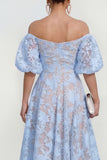 Floral Blue Off The Shoulder Ruched A Line Wedding Guest Dress with Sleeves