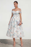 Off the Shoulder Ruched White Blue Flower A Line Wedding Guest Dress
