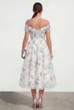 Off the Shoulder Ruched White Blue Flower A Line Wedding Guest Dress