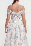 Off the Shoulder Ruched White Blue Flower A Line Wedding Guest Dress