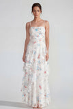 A Line Ruffled Spaghetti Straps White Blue Flower Wedding Guest Dress