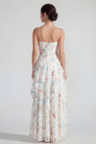 A Line Ruffled Spaghetti Straps White Blue Flower Wedding Guest Dress