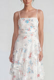 A Line Ruffled Spaghetti Straps White Blue Flower Wedding Guest Dress