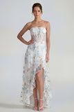 Strapless White Blue Flower A Line Ruffled Corset Wedding Guest Dress with Slit