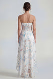 Strapless White Blue Flower A Line Ruffled Corset Wedding Guest Dress with Slit