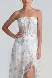 Strapless White Blue Flower A Line Ruffled Corset Wedding Guest Dress with Slit