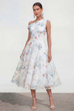 One Shoulder White Blue Flower A Line Wedding Guest Dress