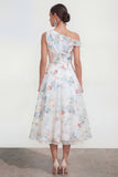 One Shoulder White Blue Flower A Line Wedding Guest Dress