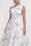 One Shoulder White Blue Flower A Line Wedding Guest Dress
