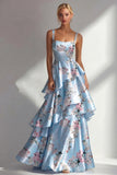 Ruffled Floral A Line Square Neck Blue Wedding Guest Dress