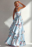 Ruffled Floral A Line Square Neck Blue Wedding Guest Dress