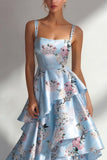 Ruffled Floral A Line Square Neck Blue Wedding Guest Dress