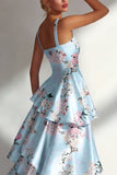 Ruffled Floral A Line Square Neck Blue Wedding Guest Dress
