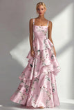 Ruffled Floral A Line Square Neck Blue Wedding Guest Dress