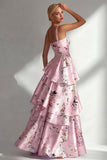 Ruffled Floral A Line Square Neck Blue Wedding Guest Dress