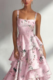 Ruffled Floral A Line Square Neck Blue Wedding Guest Dress