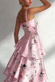 Ruffled Floral A Line Square Neck Blue Wedding Guest Dress
