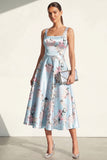 Blue A Line Square Neck Floral Midi Wedding Guest Dress