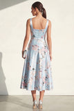 Blue A Line Square Neck Floral Midi Wedding Guest Dress