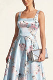 Blue A Line Square Neck Floral Midi Wedding Guest Dress