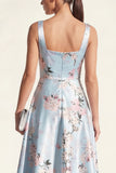 Blue A Line Square Neck Floral Midi Wedding Guest Dress