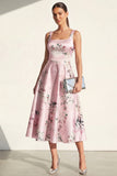 Blue A Line Square Neck Floral Midi Wedding Guest Dress