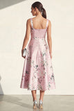 Blue A Line Square Neck Floral Midi Wedding Guest Dress