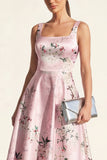 Blue A Line Square Neck Floral Midi Wedding Guest Dress