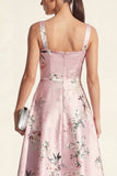 Blue A Line Square Neck Floral Midi Wedding Guest Dress