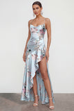 Floral Blue Spaghetti Straps Ruffled Asymmetrical Wedding Guest Dress