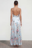 Floral Blue Spaghetti Straps Ruffled Asymmetrical Wedding Guest Dress